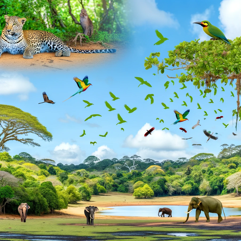 A breathtaking landscape of Yala National Park in Sri Lanka, showcasing lush greenery and diverse wildlife. The scene includes a leopard resting on a (2) A breathtaking landscape of Yala National Park in Sri Lanka, showcasing lush greenery and diverse wildlife. The scene includes a leopard resting on a (2)