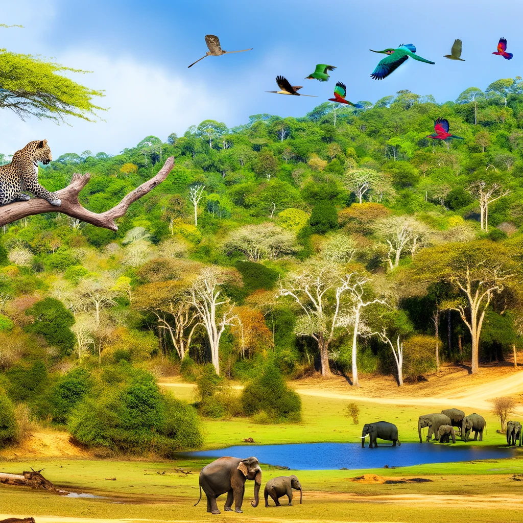 A breathtaking landscape of Yala National Park in Sri Lanka, showcasing lush greenery and diverse wildlife. The scene includes a leopard resting on a A breathtaking landscape of Yala National Park in Sri Lanka, showcasing lush greenery and diverse wildlife. The scene includes a leopard resting on a