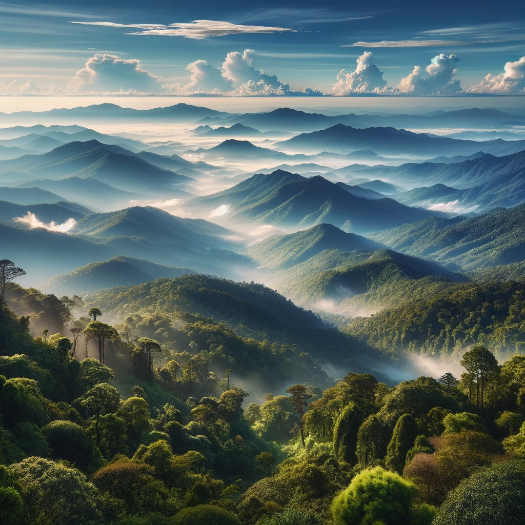 View from Doi Inthanon showing lush forests and misty mountains under a clear blue sky