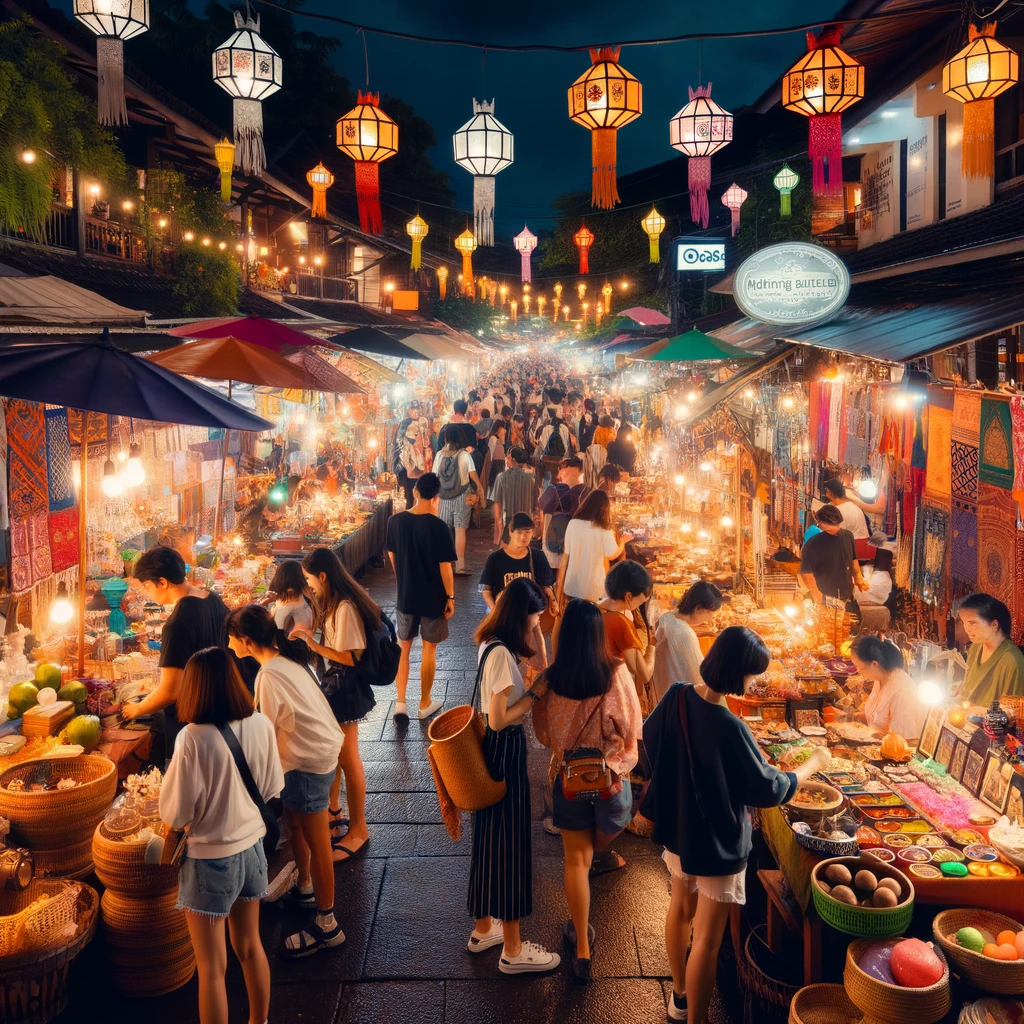 A bustling scene at the Chiang Mai Night Bazaar with vibrant stalls selling handmade goods, local crafts, and street food. Visitors are exploring the