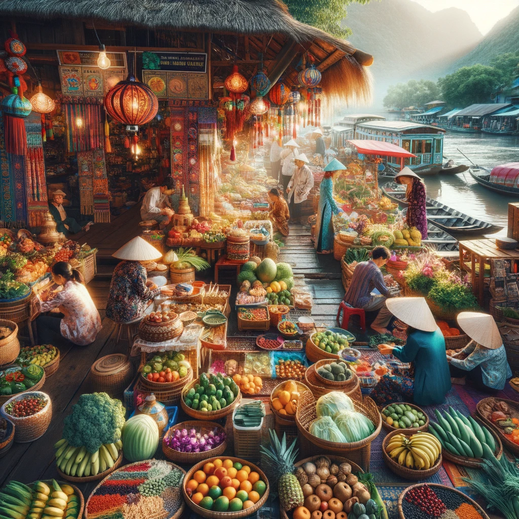 A close up view of a vibrant Mekong Delta market on land, showcasing a variety of local produce including exotic fruits, vegetables, and spices. Stall