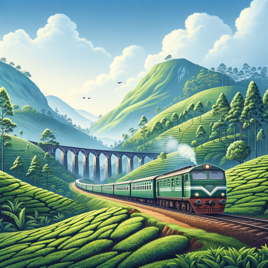 A harmonious and realistic illustration of the scenic train journey to Ella, Sri Lanka, featuring a train passing through lush green hills and tea pla