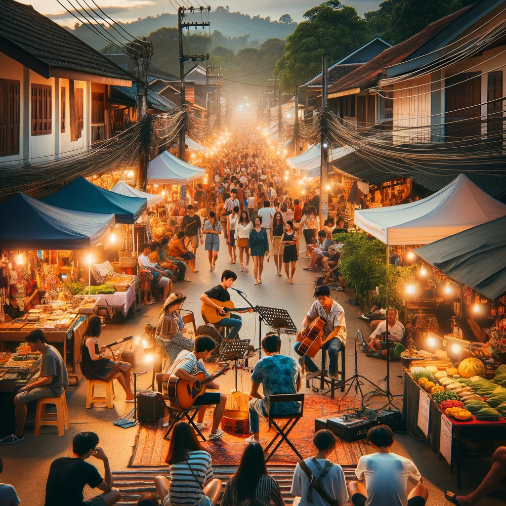 A lively evening scene on Pai Walking Street, Thailand. The image should capture the bustling atmosphere of the market with various street food vendor