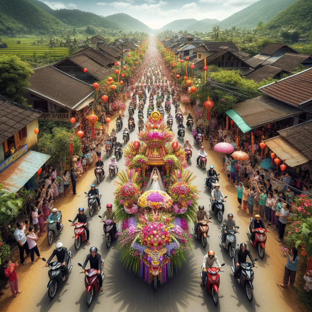 A panoramic view of a Vietnamese wedding motorcade from a distance, emphasizing the beautifully decorated motorbikes adorned with vibrant flowers and