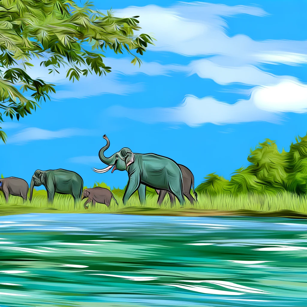A realistic and harmonious illustration of a wildlife safari in Udawalawe National Park, Sri Lanka, showing Asian elephants in a lush green setting un A realistic and harmonious illustration of a wildlife safari in Udawalawe National Park, Sri Lanka, showing Asian elephants in a lush green setting un