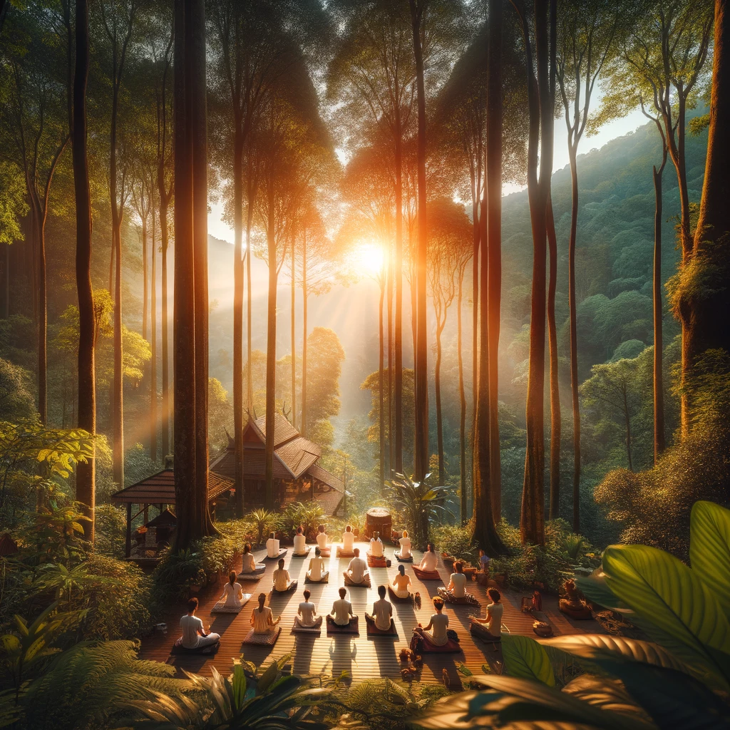 A panoramic view of Doi Suthep Pui National Park, showcasing the lush greenery of the forested mountainside with a distant view of Wat Phra That Doi S A serene and breathtaking view of a meditation retreat in the heart of Doi Suthep Pui National Park, showcasing participants in a peaceful meditation