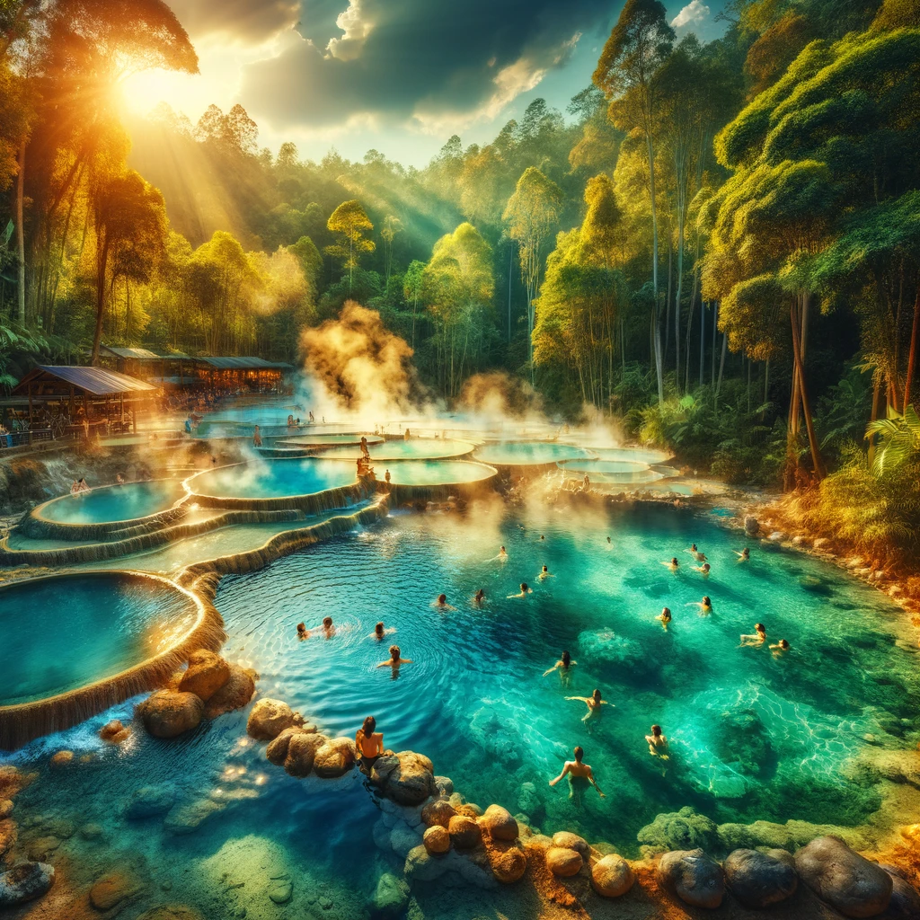 A serene and vibrant scene at the Tha Pai Hot Springs in Thailand. The image should depict natural thermal pools surrounded by lush green forests. Ste A serene and vibrant scene at the Tha Pai Hot Springs in Thailand. The image should depict natural thermal pools surrounded by lush green forests. Ste