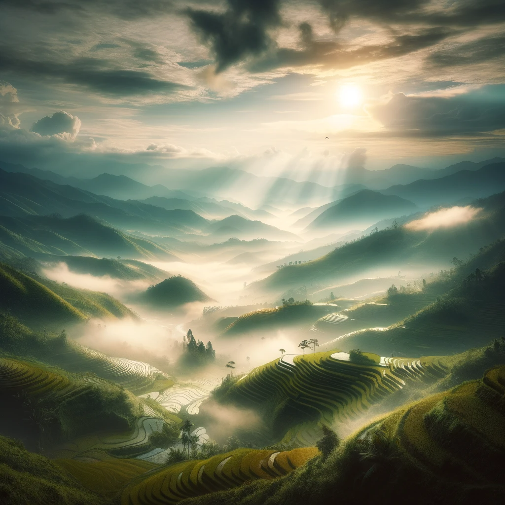 Sapa's Enchanting Landscape: Sunrise Over Terraced Fields Misty sunrise over terraced rice fields in Sapa, Vietnam, showcasing lush green hills and traditional agricultural practices