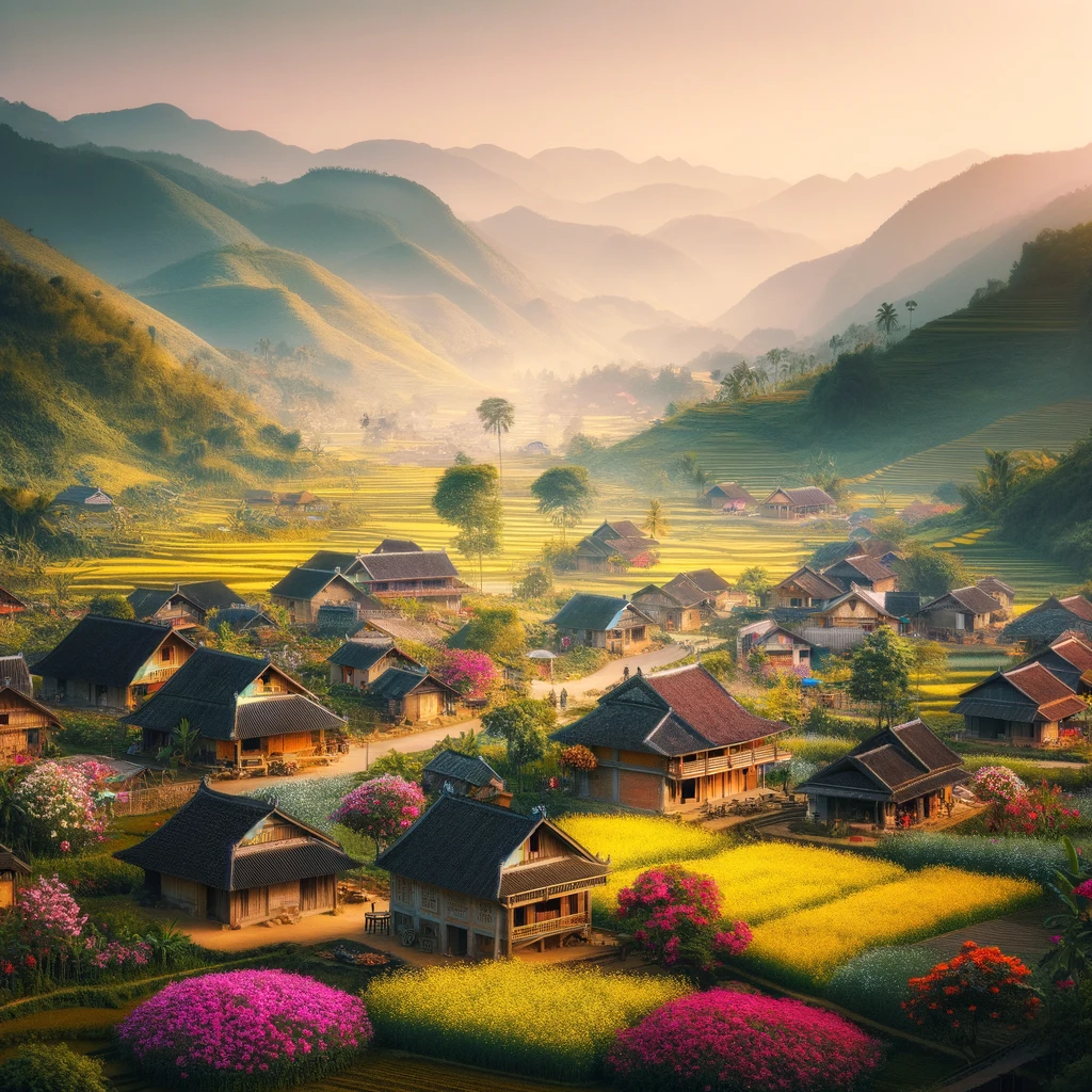 A serene scene of traditional Vietnamese villages nestled in the lush landscapes of Moc Chau, with rolling hills and vibrant flower fields in the back