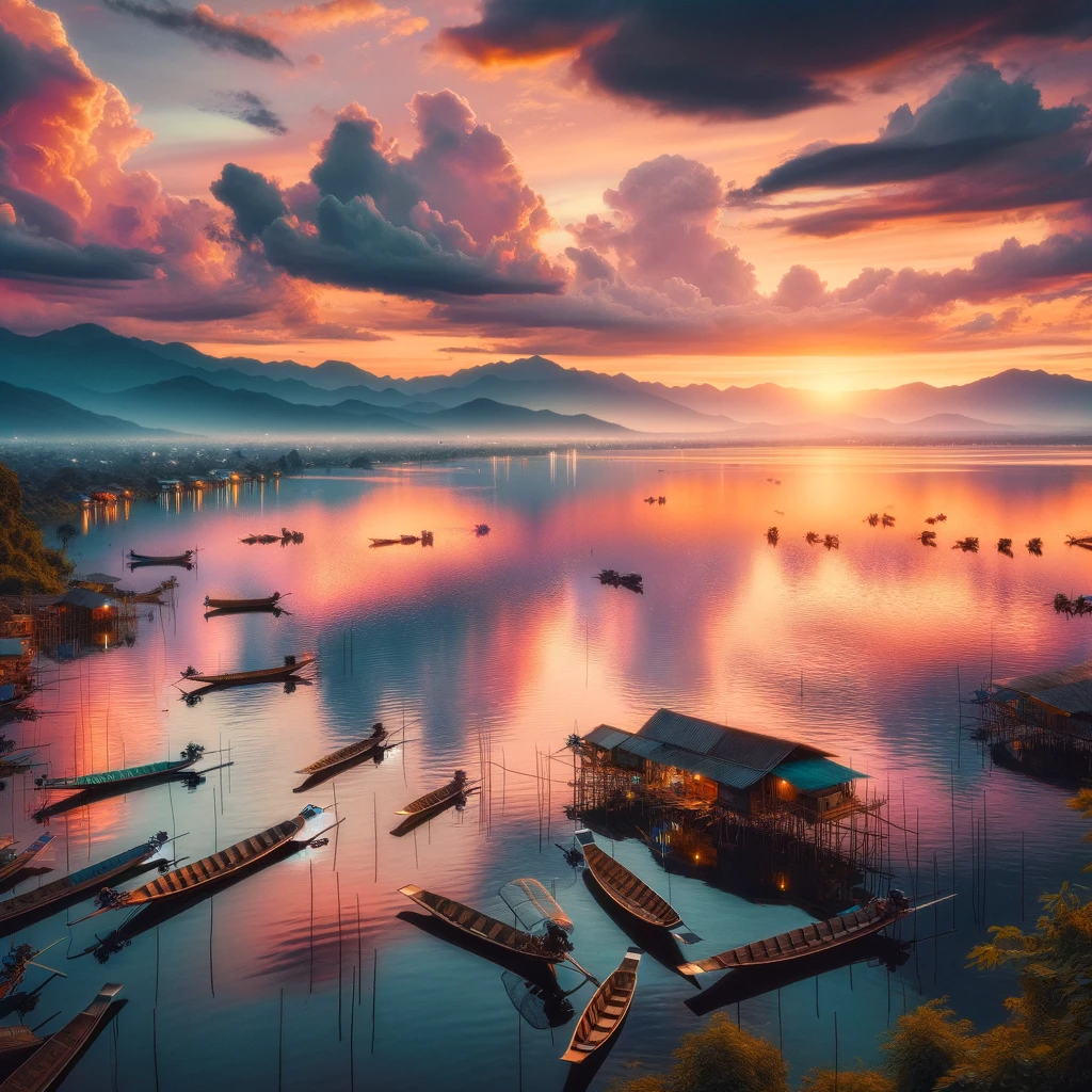 Sunset at Phayao Lake with calm waters reflecting the sky, traditional boats, and mountains in the distance