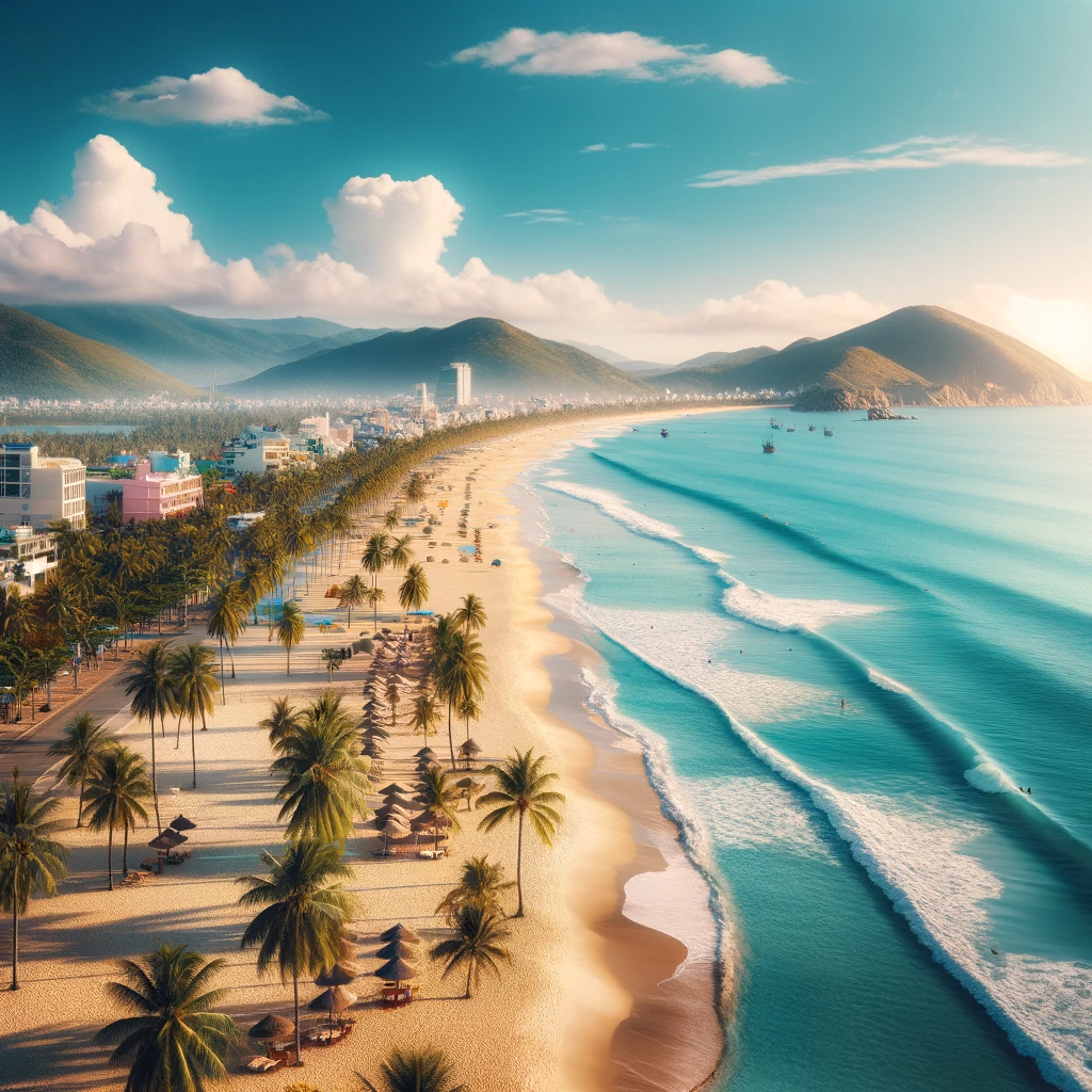 A stunning view of Nha Trang Beach in Vietnam, featuring its long stretch of white sandy shores and crystal clear waters. Palm trees line the beach, a
