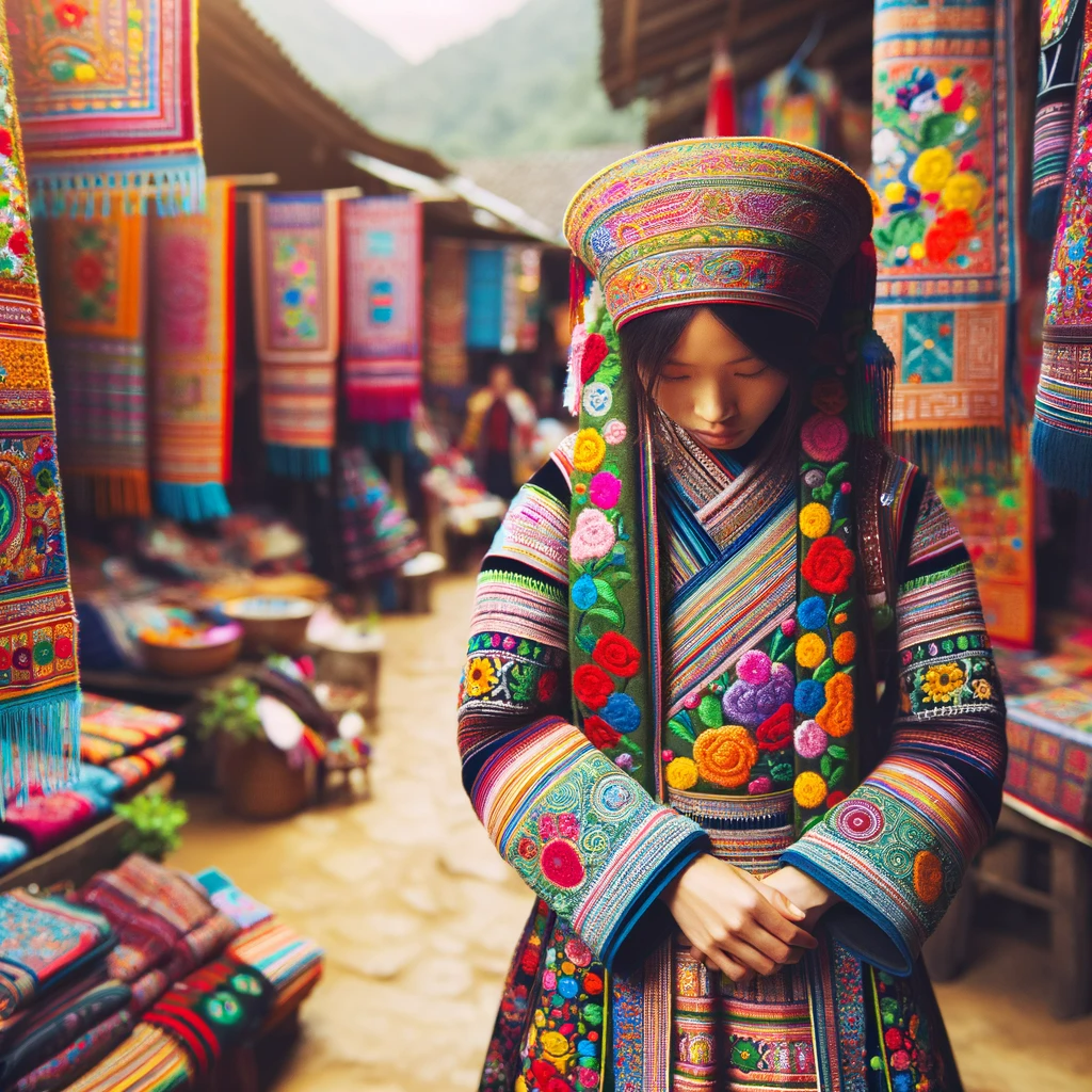 A traditional Hmong woman in Sapa, Vietnam, wearing vibrant, hand embroidered clothing. She is standing in a colorful market, surrounded by handmade t