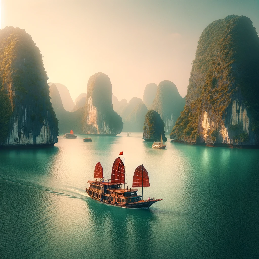 A traditional junk boat cruising through the emerald waters of Halong Bay, Vietnam, with towering limestone islands in the background. The scene shoul