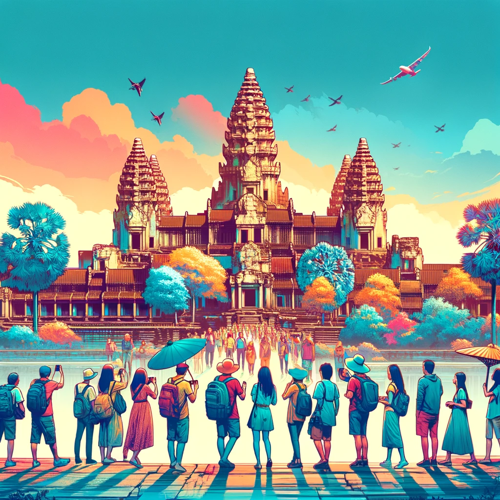 A vibrant portrayal of tourists exploring the majestic Angkor Wat, highlighting its role as a modern tourism hub. The image should show diverse groups