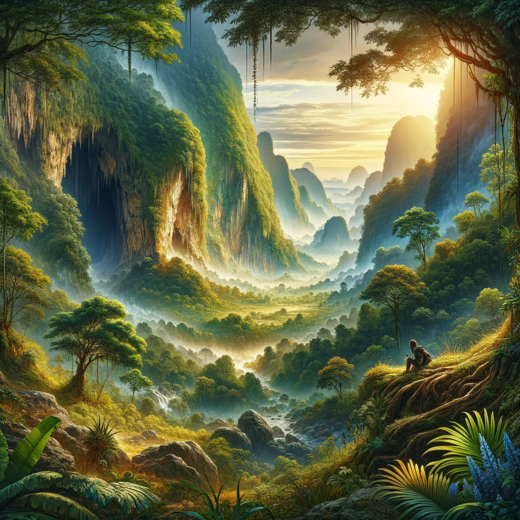 Into the Wild: Exploring Cambodia's Mountains and Vietnam's Caves A picturesque scene of Cambodia's Cardamom Mountains and Vietnam's Phong Nha-Ke Bang National Park caves, symbolizing adventure and natural wonder. A must for any Cambodia Vietnam travel itinerary.