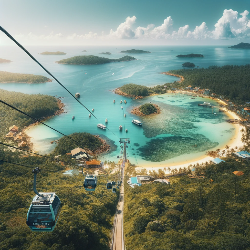 An aerial view of the Hon Thom Cable Car in Phu Quoc, showcasing the cable cars traveling across the clear blue sea towards Hon Thom Island cable cars traveling across the clear blue sea towards Hon Thom Island,