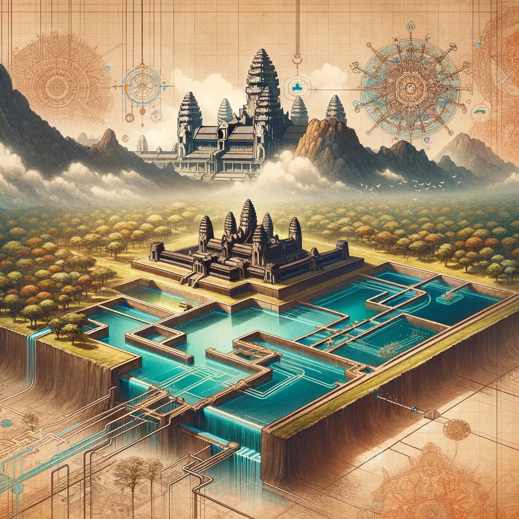 An artistic representation of the hydrological system of Angkor Wat, featuring the advanced network of moats, canals, and reservoirs. The image should An artistic representation of the hydrological system of Angkor Wat, featuring the advanced network of moats, canals, and reservoirs. The image should