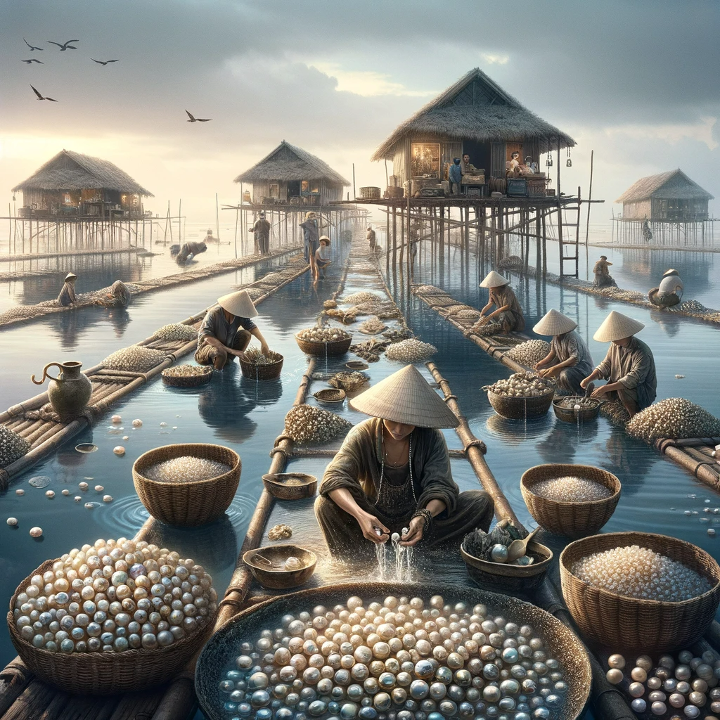 An image showcasing pearl farming in Vung Vieng Fishing Village, emphasizing the authentic and traditional craftsmanship. Visualize a more realistic s An image showcasing pearl farming in Vung Vieng Fishing Village, emphasizing the authentic and traditional craftsmanship. Visualize a more realistic s