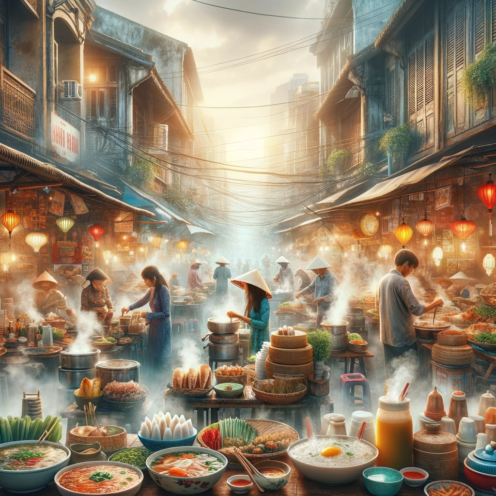 Dive into the heart of Vietnam's culinary culture with our stunning photo-realistic portrayal of the bustling street food scene. From the steamy bowls of Pho to the colorful layers of Banh Mi and Goi Cuon, experience a visual journey that brings to life the vibrant, sensory-rich atmosphere of Vietnamese markets. Perfect for food enthusiasts and cultural explorers, this image captures the essence of Vietnam’s rich flavors and lively street life, inviting viewers to explore the depth and diversity of Vietnamese cuisine.