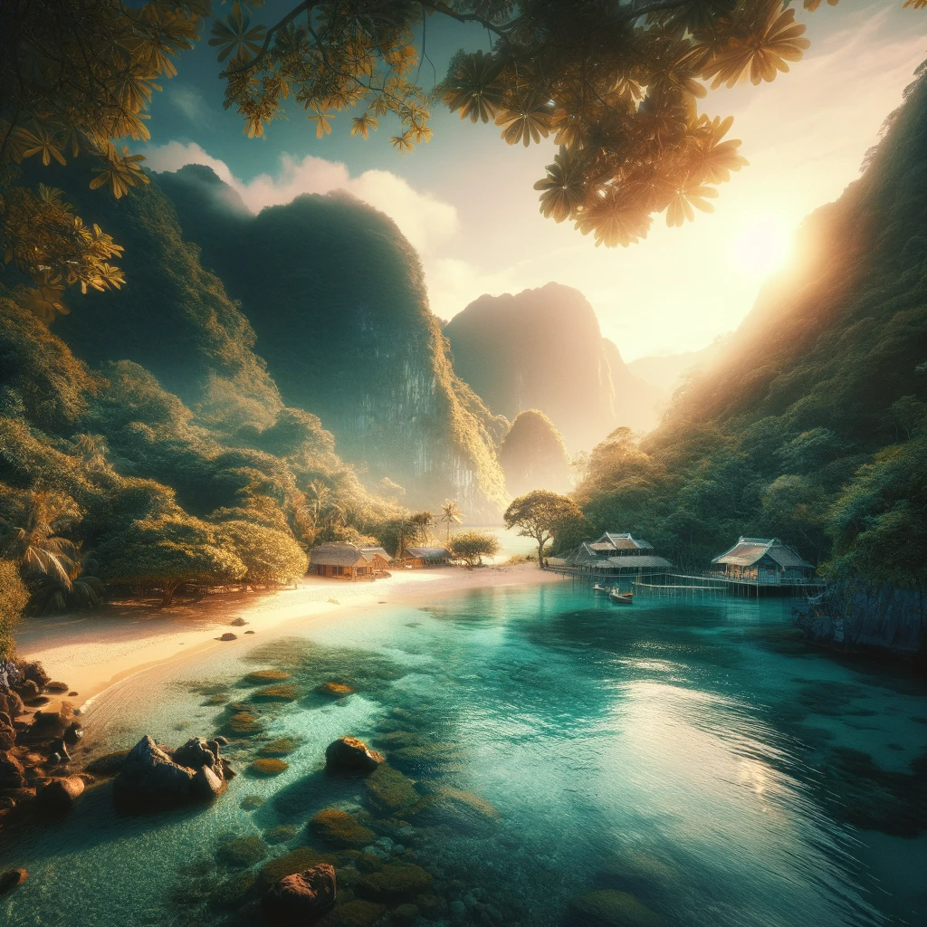 This captivating image unveils the hidden beauty of Vietnam, showcasing a serene secluded beach with crystal-clear waters and a picturesque remote village nestled amidst lush greenery. Perfect for adventurers and travelers seeking unique experiences, the image highlights the tranquility and untouched splendor of Vietnam's less-traveled locations, inviting exploration beyond the usual tourist trails.