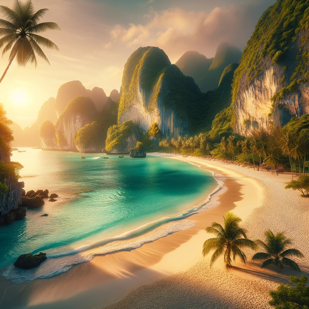 Vietnam's Most Beautiful Beach - Pristine Paradise at Sunset. A breathtaking and serene beach scene in Vietnam, featuring crystal-clear turquoise waters, white sandy shores. Perfect for seeing vietnam in 4 days.