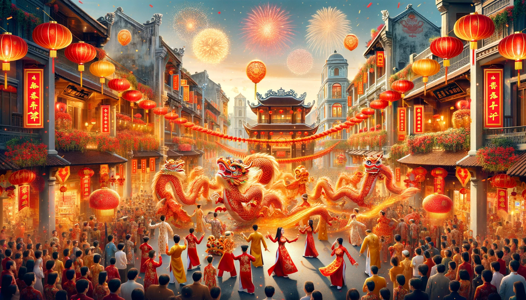 Lunar New Year Celebrations in Vietnam A vibrant depiction of Lunar New Year celebrations in Hanoi, Vietnam, featuring traditional Ao Dai attire, a colorful dragon dance, and festive red and gold decorations against a backdrop of historical architecture and fireworks.