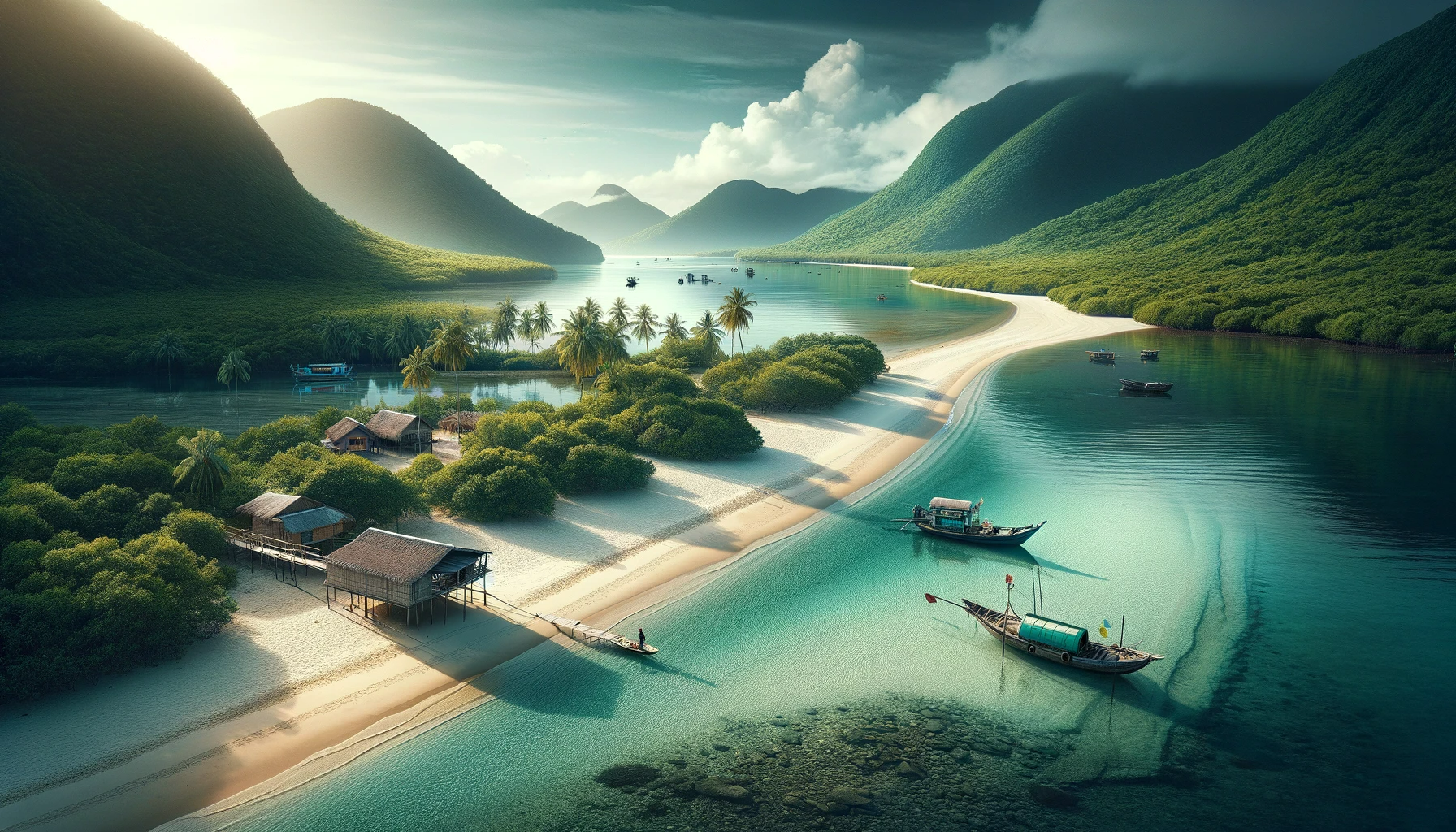 Con dao islands vietnam Scenic view of the tranquil Con Dao Islands with a traditional Vietnamese boat on a pristine beach, and a peaceful scene of the Mekong Delta with a wooden boat gliding through waterways lined with mangroves and stilt houses, showcasing Vietnam's natural beauty and rural charm.