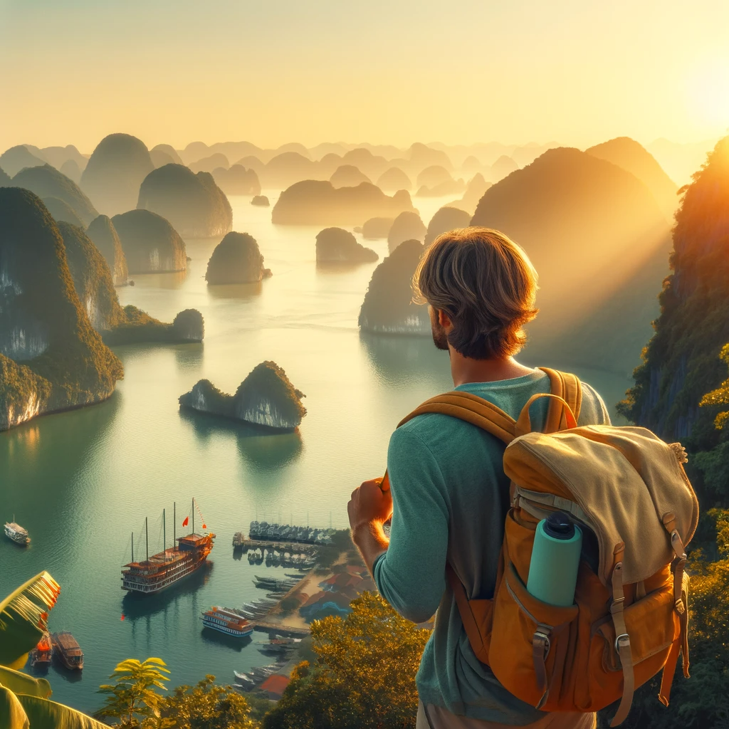 Traveler overlooking Ha Long Bay, Vietnam, representing the joy and peace of mind from safe and insured travels.