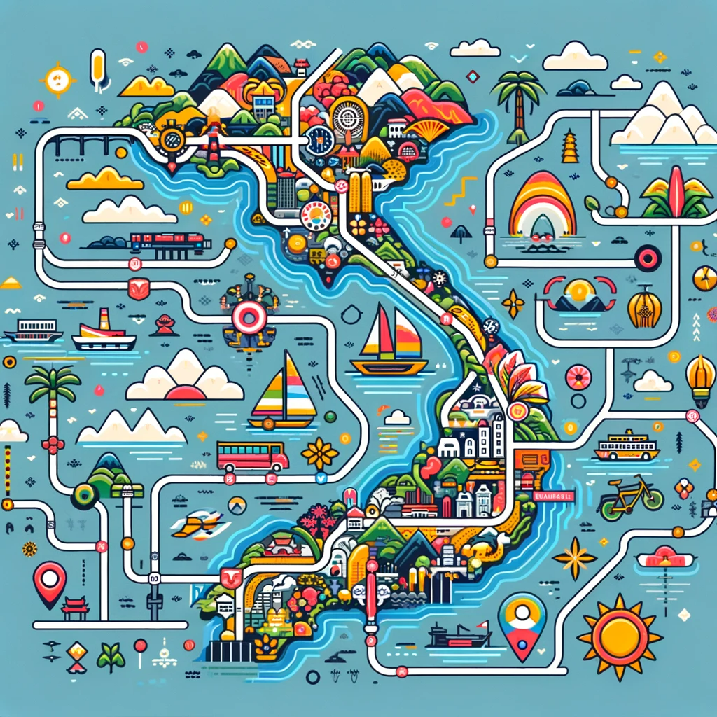 Navigating the Route: A Map from Hanoi to Halong Bay Detailed and artistic map showing the route and major landmarks from Hanoi to Halong Bay.