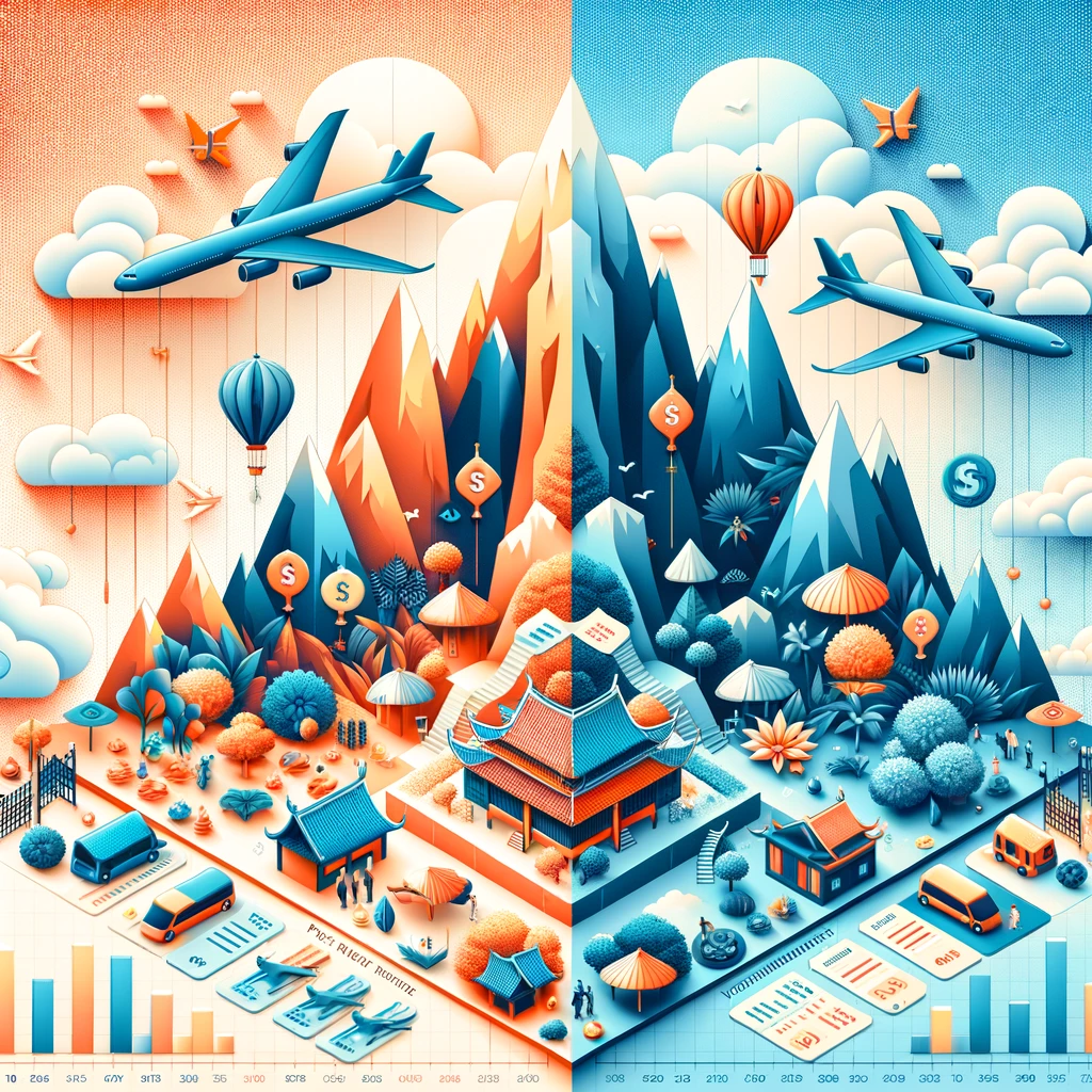 Travel Costs Unveiled: Thailand and Vietnam Through Seasons - A Visual Guide Creative depiction of cost variations in Thailand and Vietnam travel, comparing peak and off-peak seasons using symbolic imagery for flights, accommodations, and tours