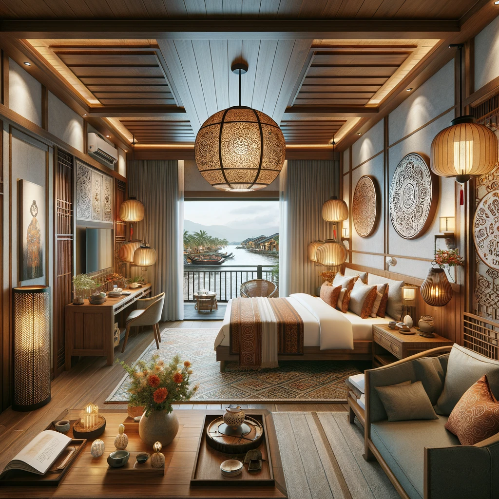 a charming hotel suite with a blend of traditional Vietnamese and contemporary design. The suite should have a warm and inviting at a charming hotel suite with a blend of traditional Vietnamese and contemporary design. The suite should have a warm and inviting at