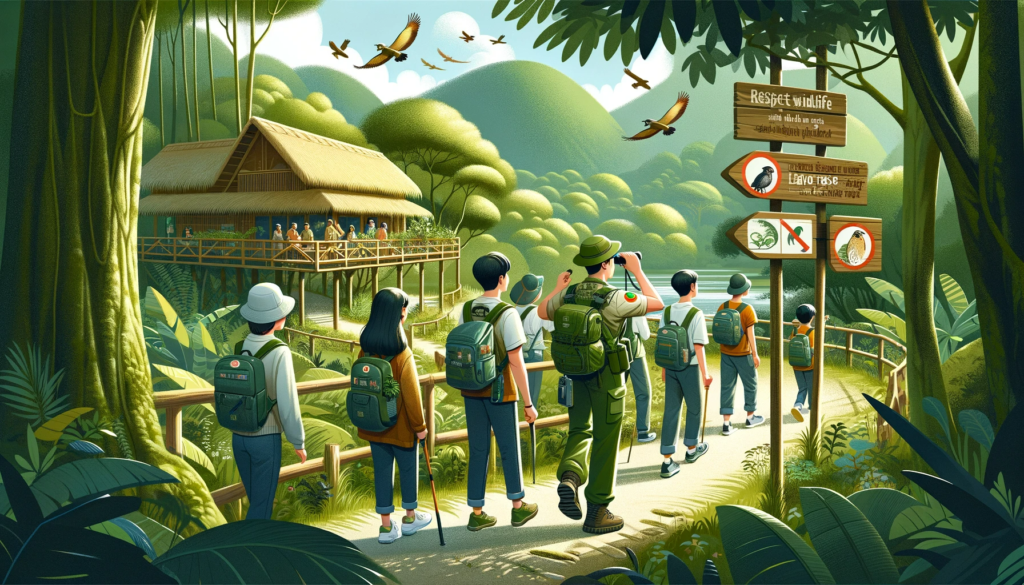 ethical tourism in vietnam An illustration showing travelers on an eco-friendly tour in Vietnam, guided through a verdant forest by a local. They are observing wildlife responsibly, equipped with binoculars and sustainable gear, amidst signs advocating for environmental conservation, with a sustainable eco-lodge in the background, embodying the spirit of responsible tourism in Vietnam's natural landscapes.