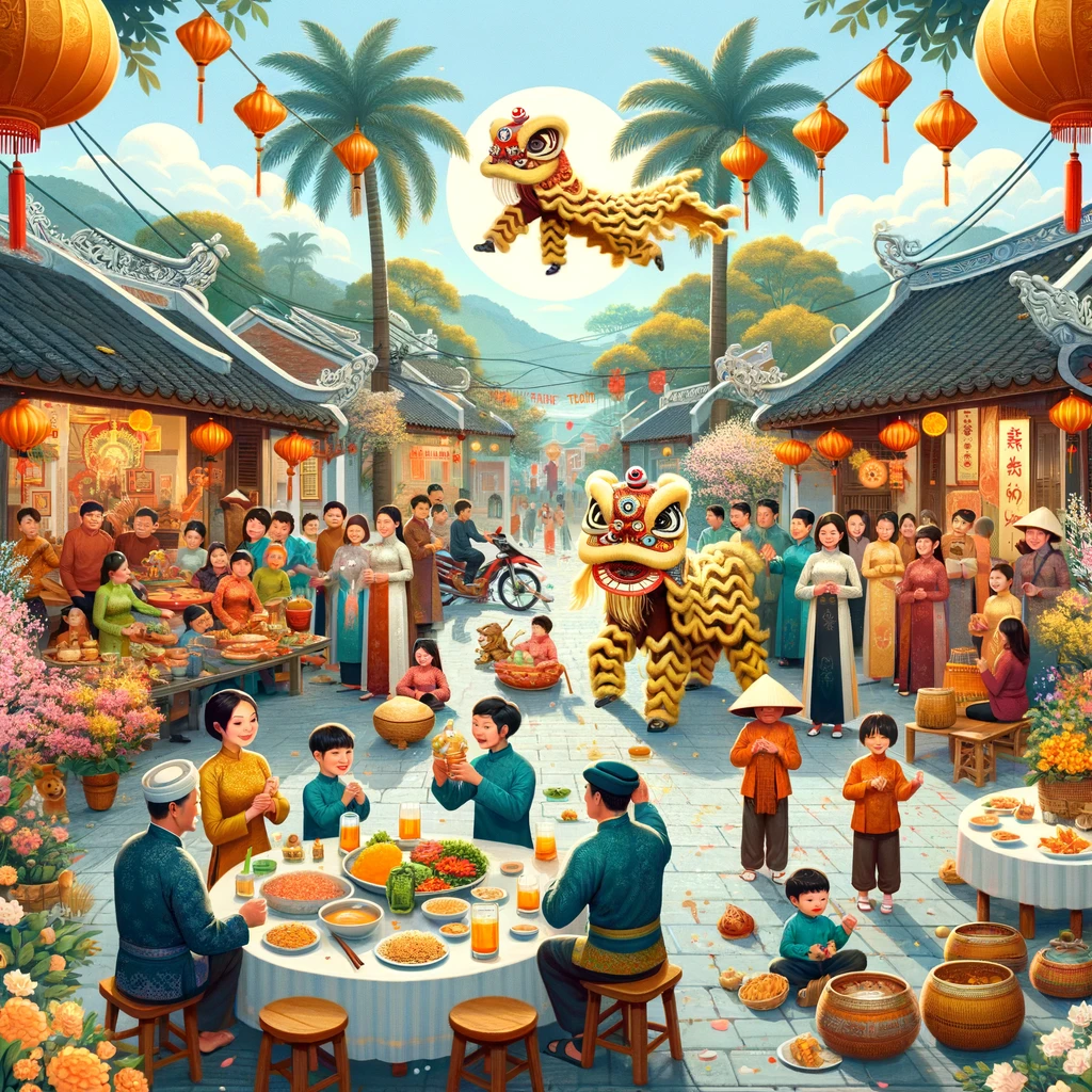 Cultural Celebrations: Family and Community Traditions During Tet in Vietnam Vietnamese families celebrating Tet with a feast, traditional games, and a street lion dance performance."