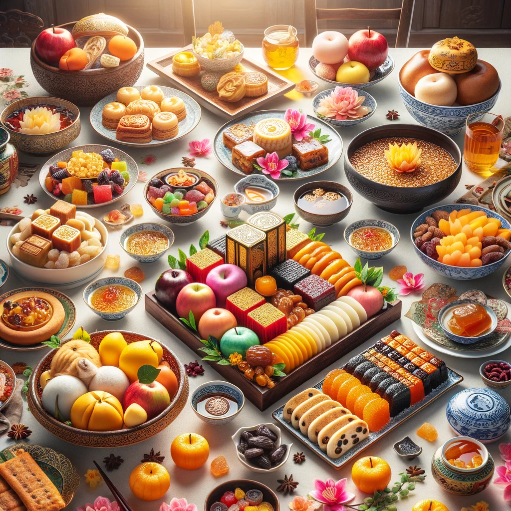 Gastronomic Delights: Traditional Vietnamese Tet Feast Traditional Vietnamese Tet cuisine including Bánh Chưng, Bánh Tét, Thịt Kho Tàu, and candied fruits on a festively set table.