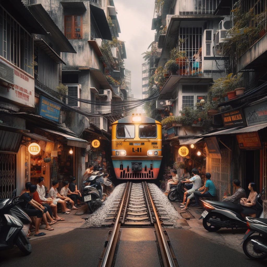 he moment a train passes through the narrow Train Street in Hanoi, Vietnam. Capturing the intense yet harmonious interaction between the moving train the moment a train passes through the narrow Train Street in Hanoi, Vietnam. Capturing the intense yet harmonious interaction between the moving train