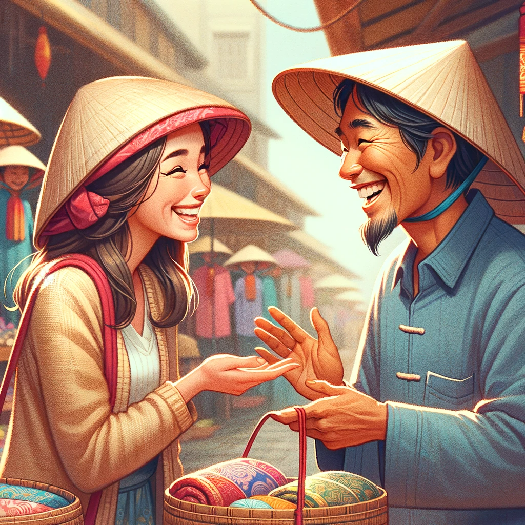 Joyful Negotiation at a Vietnamese Market image showcasing a heartwarming scene in a Vietnamese market, where a tourist and a local seller are engaged in a friendly negotiation.