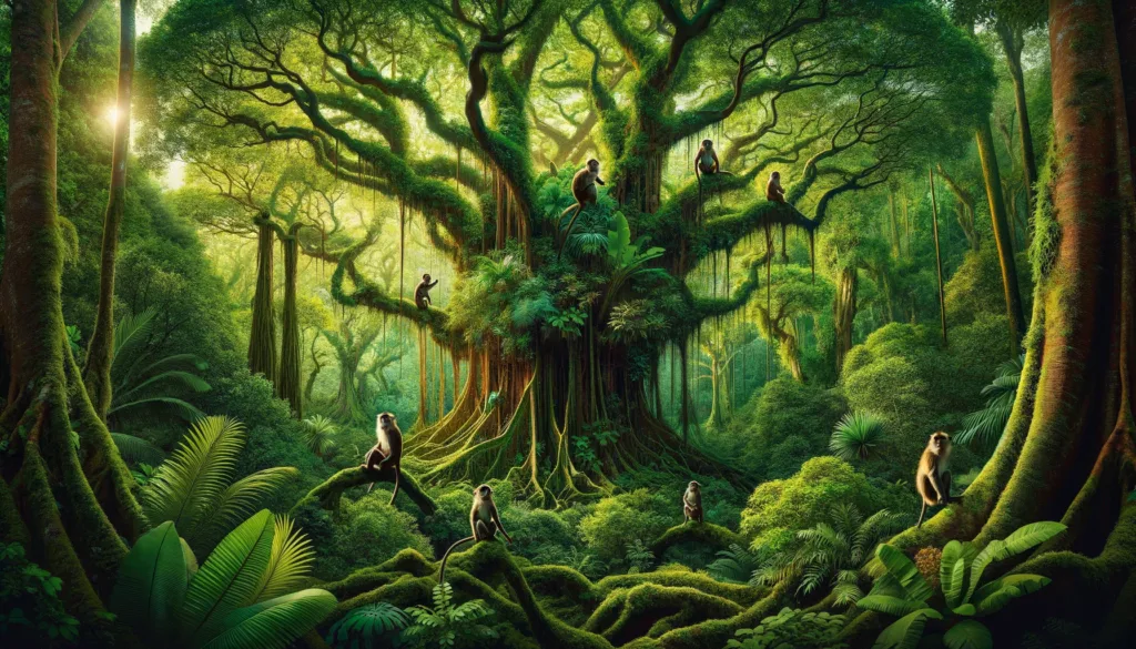 Monkey Island's Vibrant Ecosystem: Ancient Trees and Playful Monkeys Lush green forest canopy on Monkey Island featuring ancient trees, endemic plants, and three monkeys in their natural habitat.