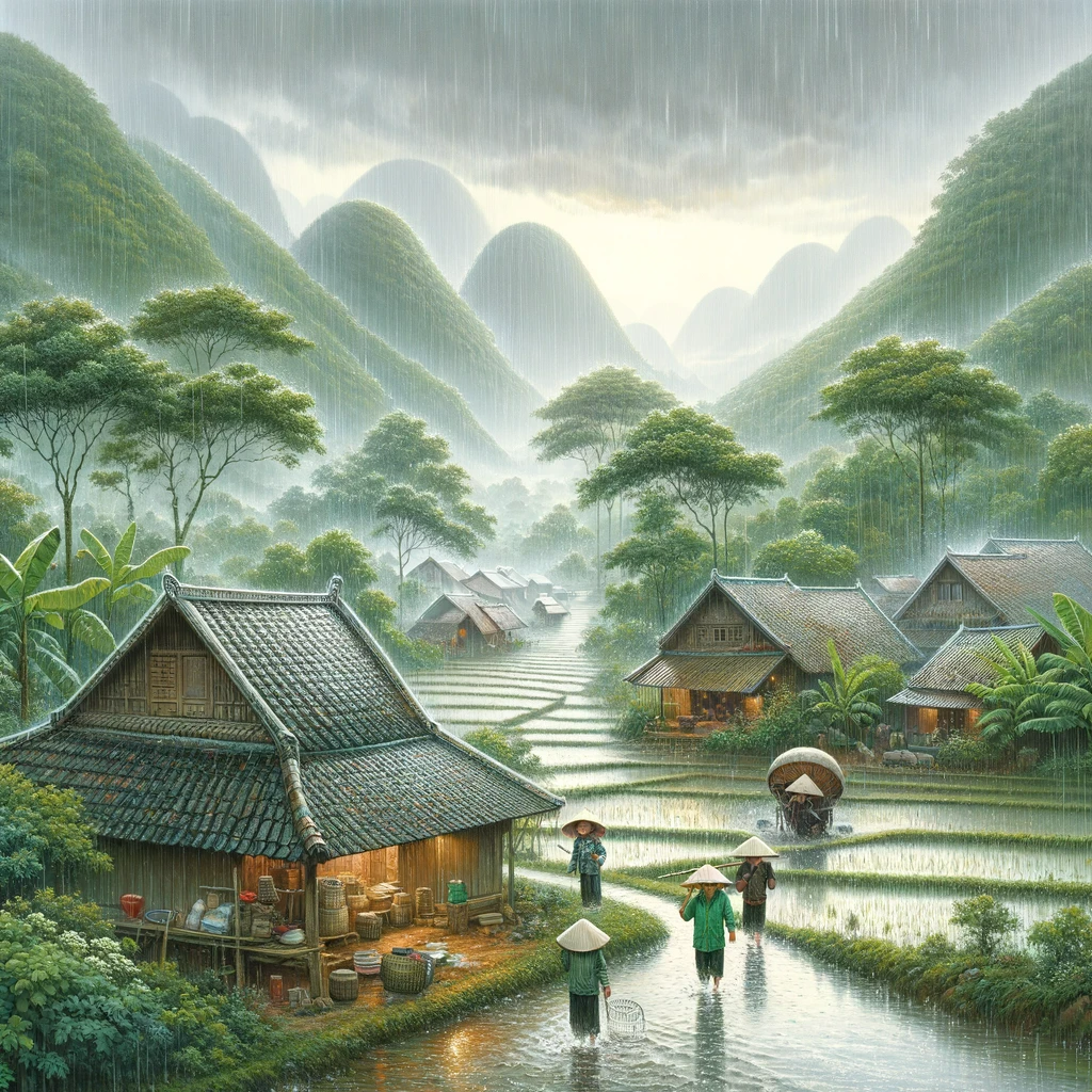 Monsoon Magic in Central Vietnam: Rainy Season's Essence Experience the enchanting monsoon in Central Vietnam with this image, showcasing the region's verdant landscape, traditional villages, and the rhythmic beauty of heavy rainfall, a quintessential aspect of life in this part of the world.