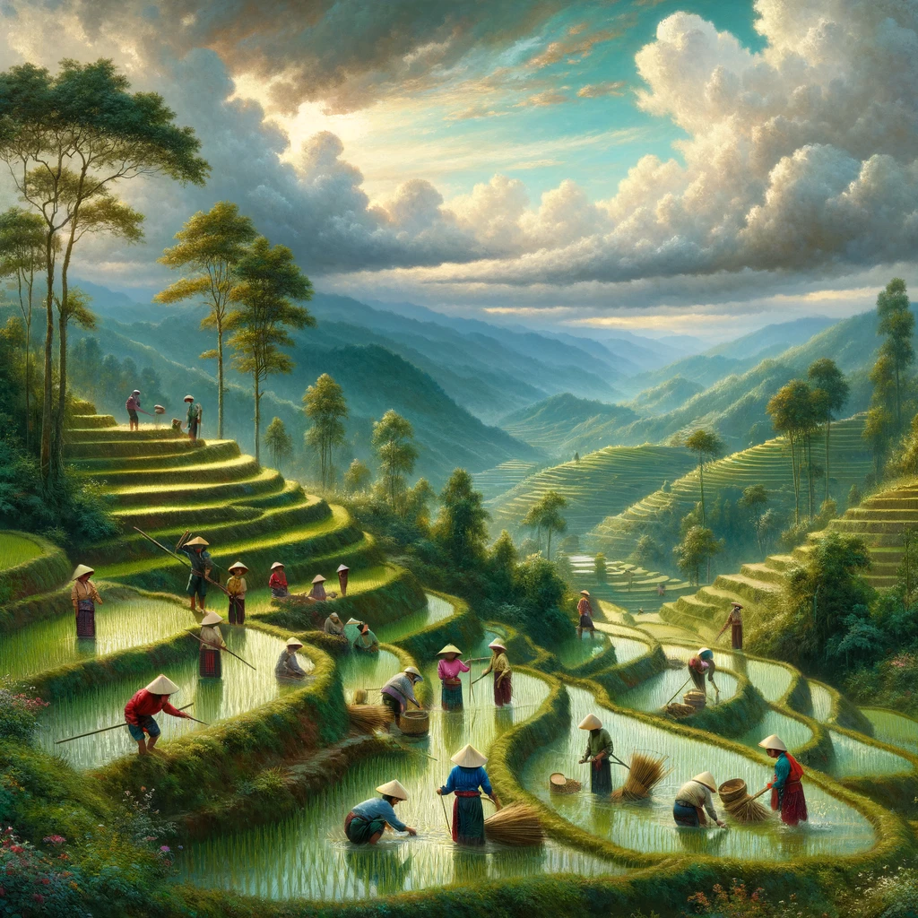 Hill Tribe Members Working on Sapa Rice Terraces in John Constable Style