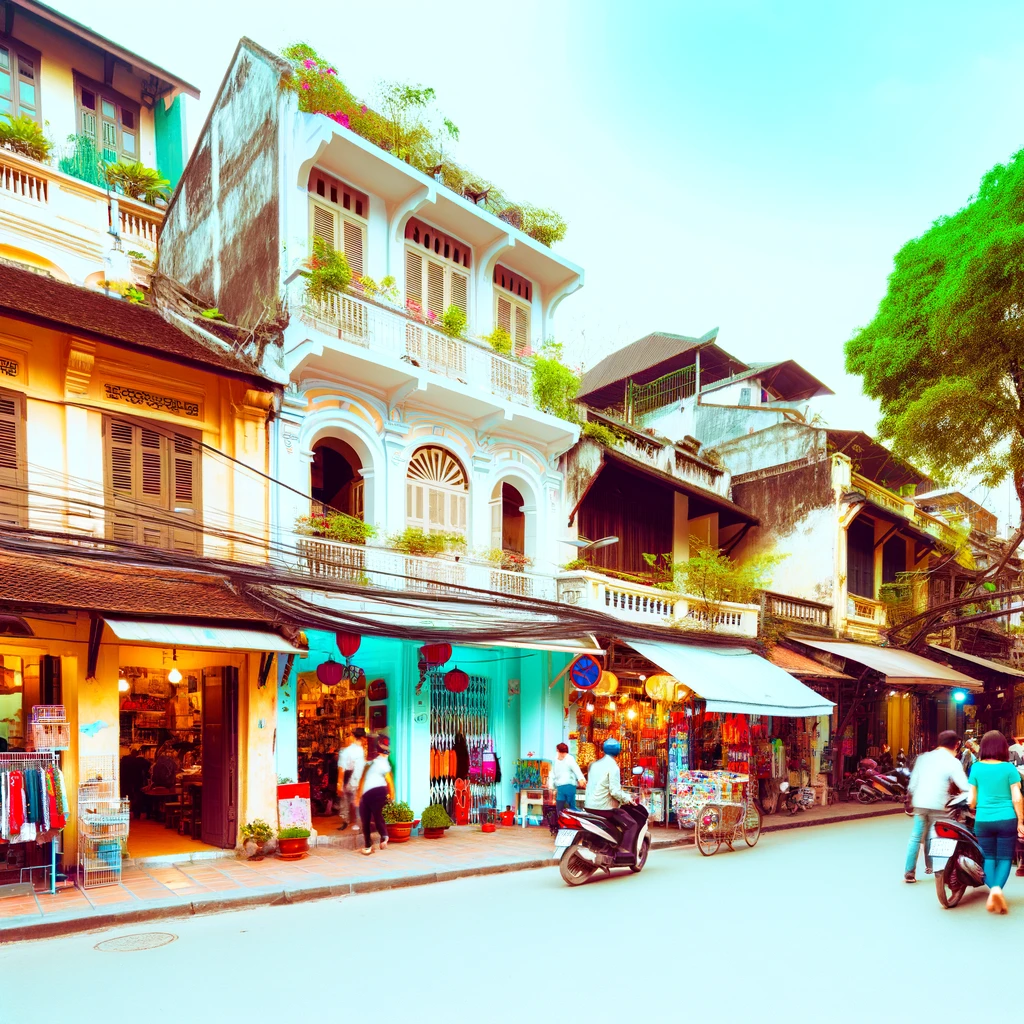 street scene in Hanoi, Vietnam, showcasing the Old Quarter with its narrow streets, traditional shophouses, people bustling about, and the u