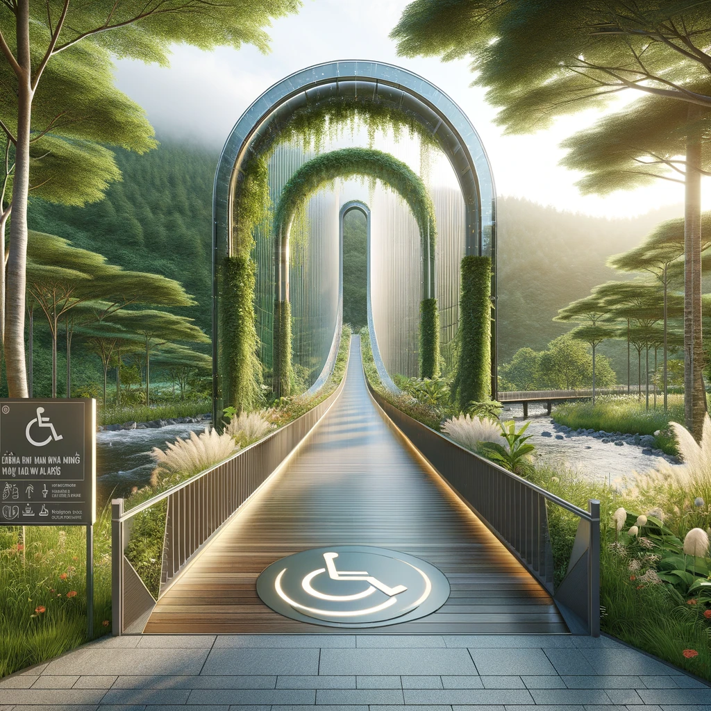 the entrance to the world's longest glass bottomed bridge in Moc Chau, Vietnam, featuring a modern, sleek design that harmoniousl