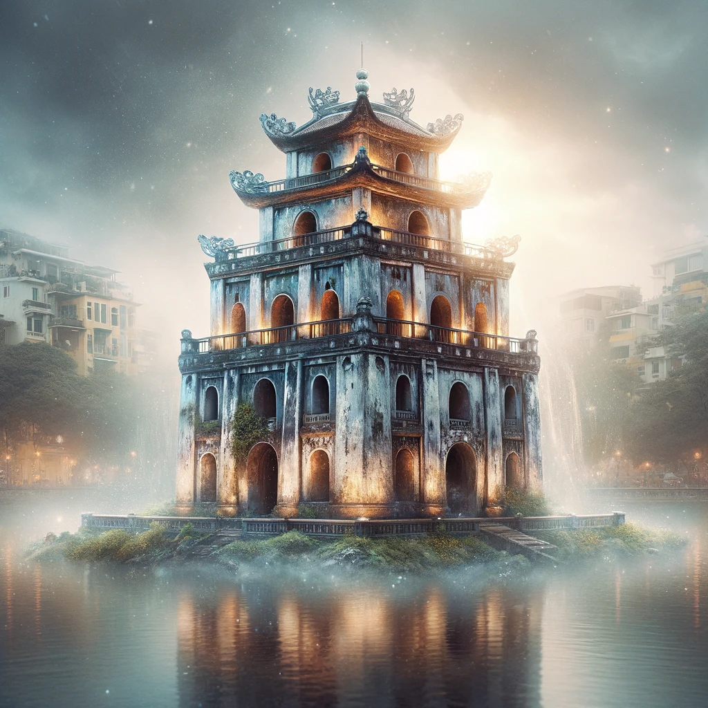 Photorealistic image of Turtle Tower in Hanoi, showing an aged, mystical appearance with the effects of water and humidity, surrounded by a magical aura.