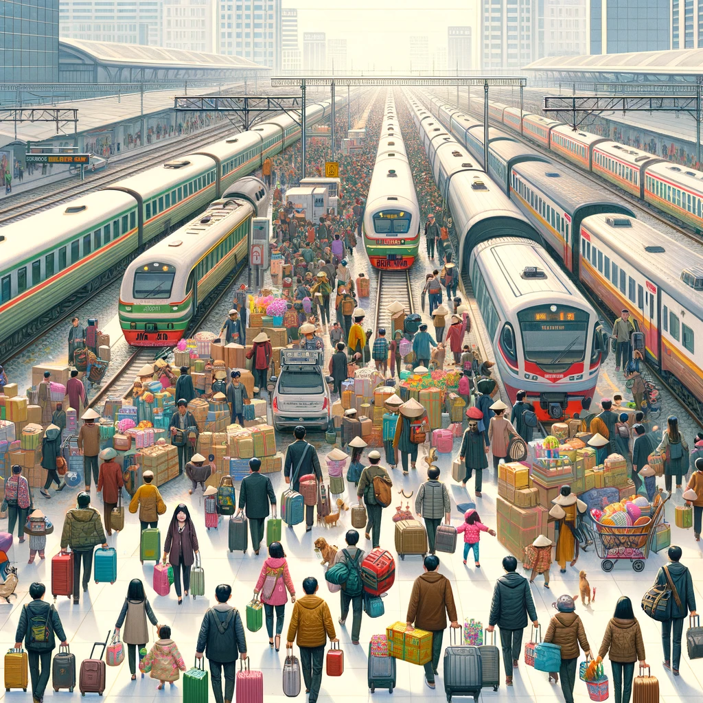 The Tet Travel Rush: Navigating Vietnam's Transportation During Lunar New Year Busy Vietnamese train station and bus terminal during Tet, crowded with people and luggage for the holiday travel.