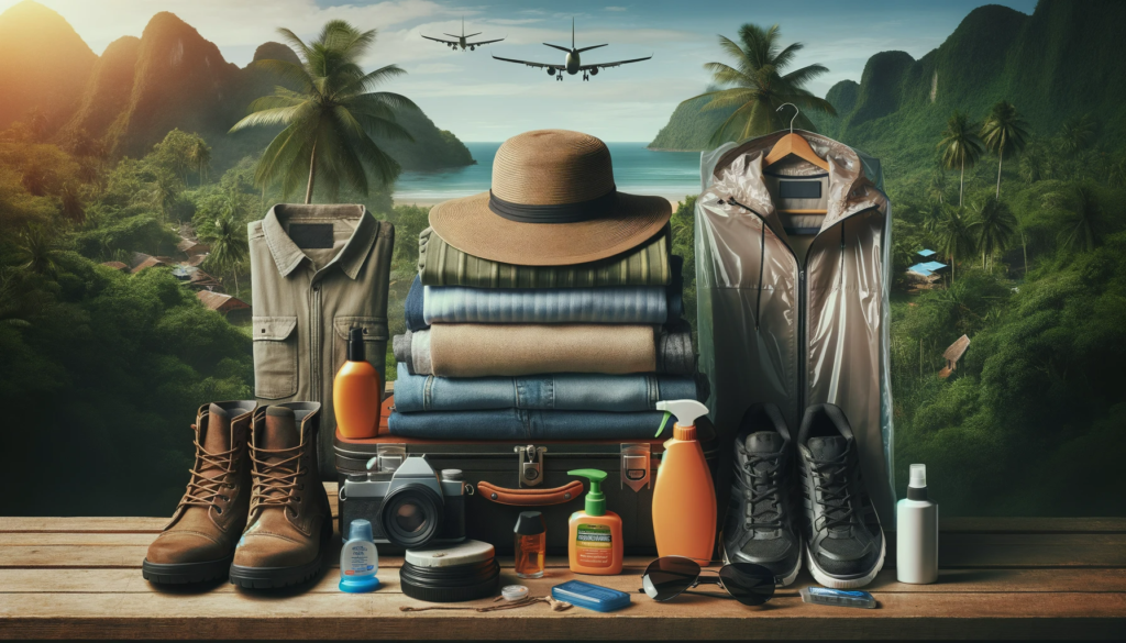 what to pack for vietnam travel Neatly arranged essential travel items for a tropical destination, featuring lightweight clothing, comfortable walking shoes, sunscreen, insect repellent, a wide-brimmed hat, and a prominently displayed rain jacket, all set against a lush tropical background, symbolizing smart packing for destinations with warm and humid conditions like Vietnam